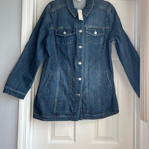 NWT Chico’s denim elongated Jean Jacket indigo blue Sz 2 M/L